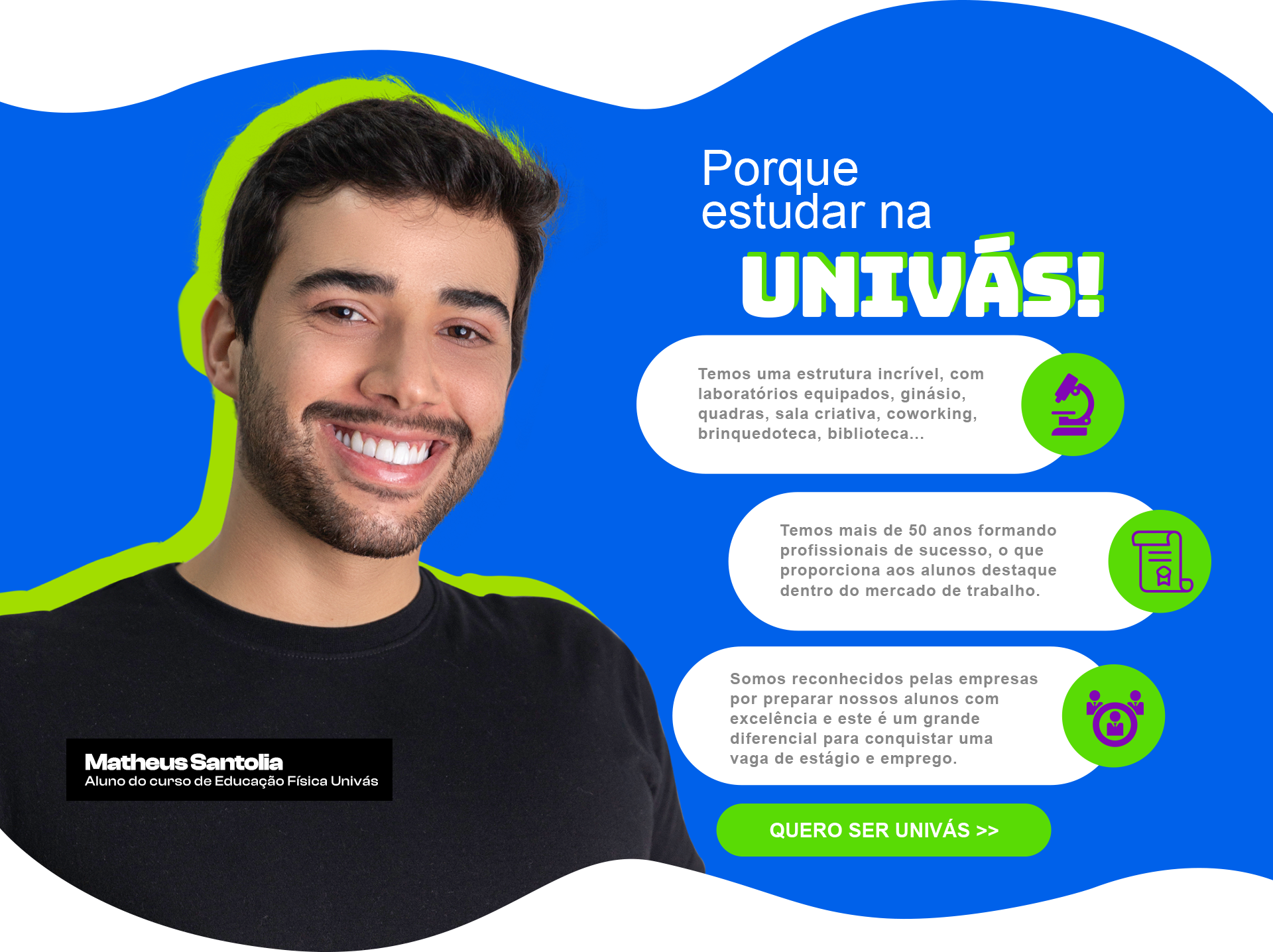 Porque estudar na Univas! Uma mulher de camiseta marrom com colar e pingente sorrindo trazendo 03 motivos para estudar na Univas.